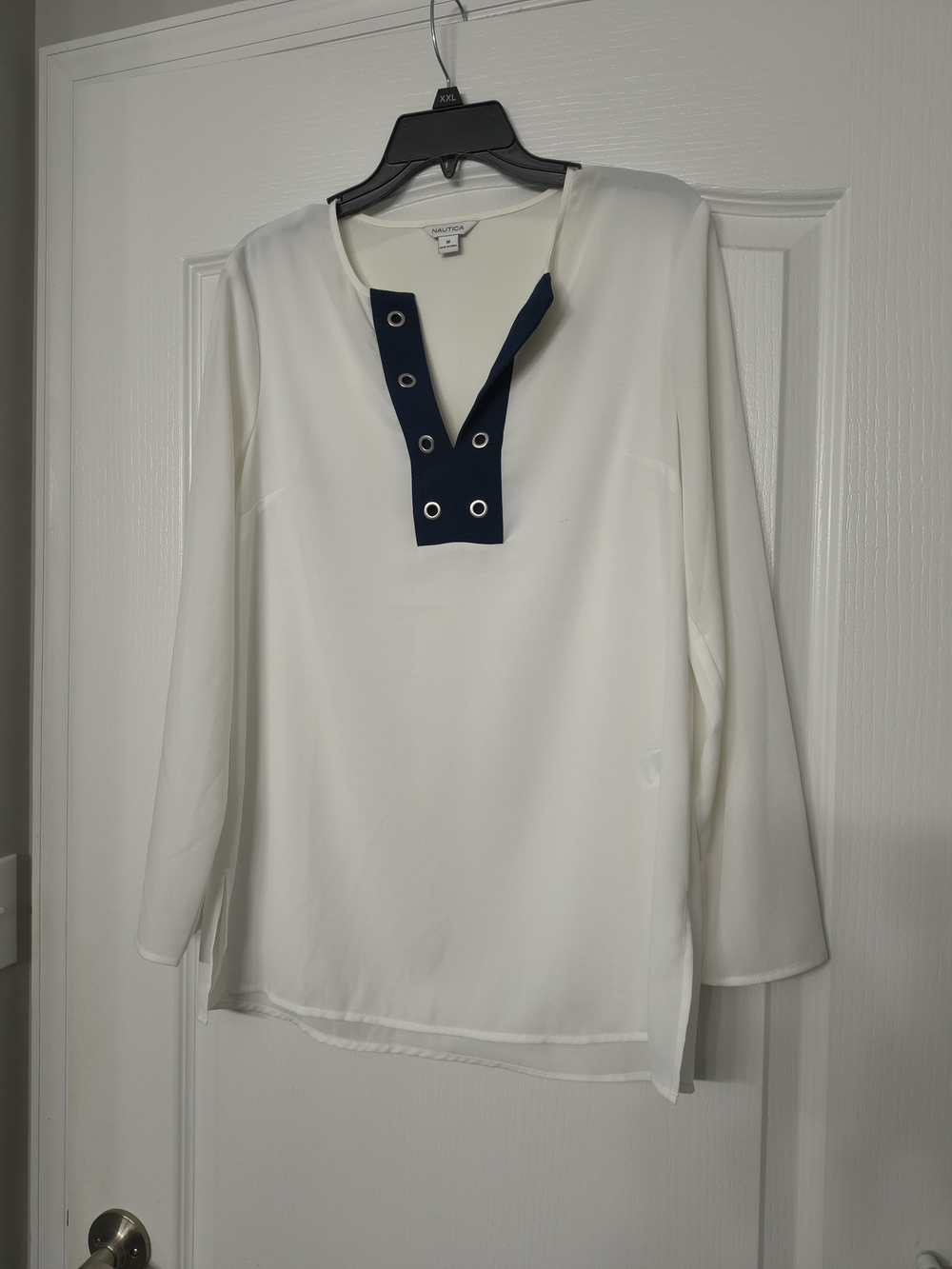 Nautica White Long-Sleeve V-Neck Blouse with Navy Trim